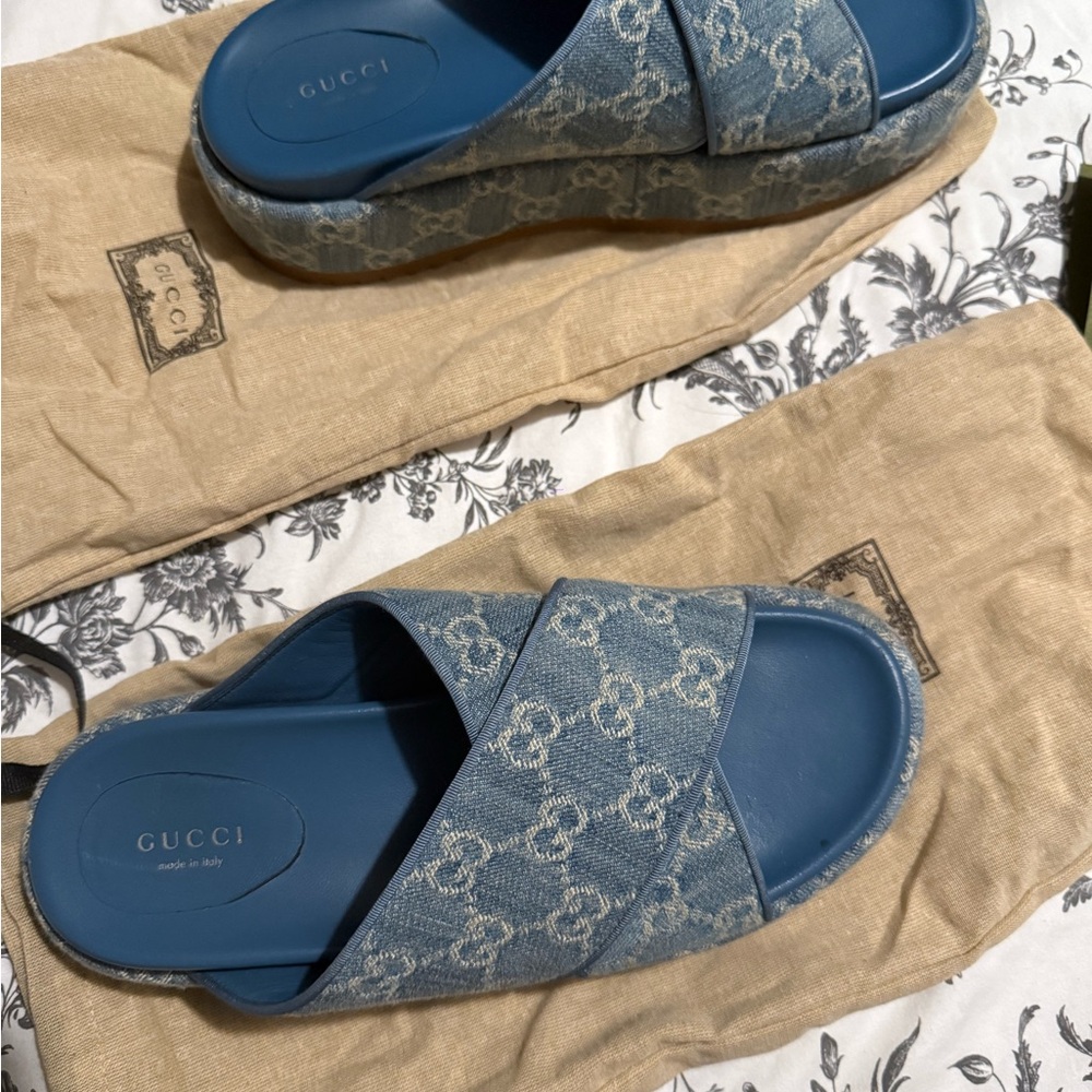 Gucci Blue Denim Monogram Platform Slides - Picture 6 of 9